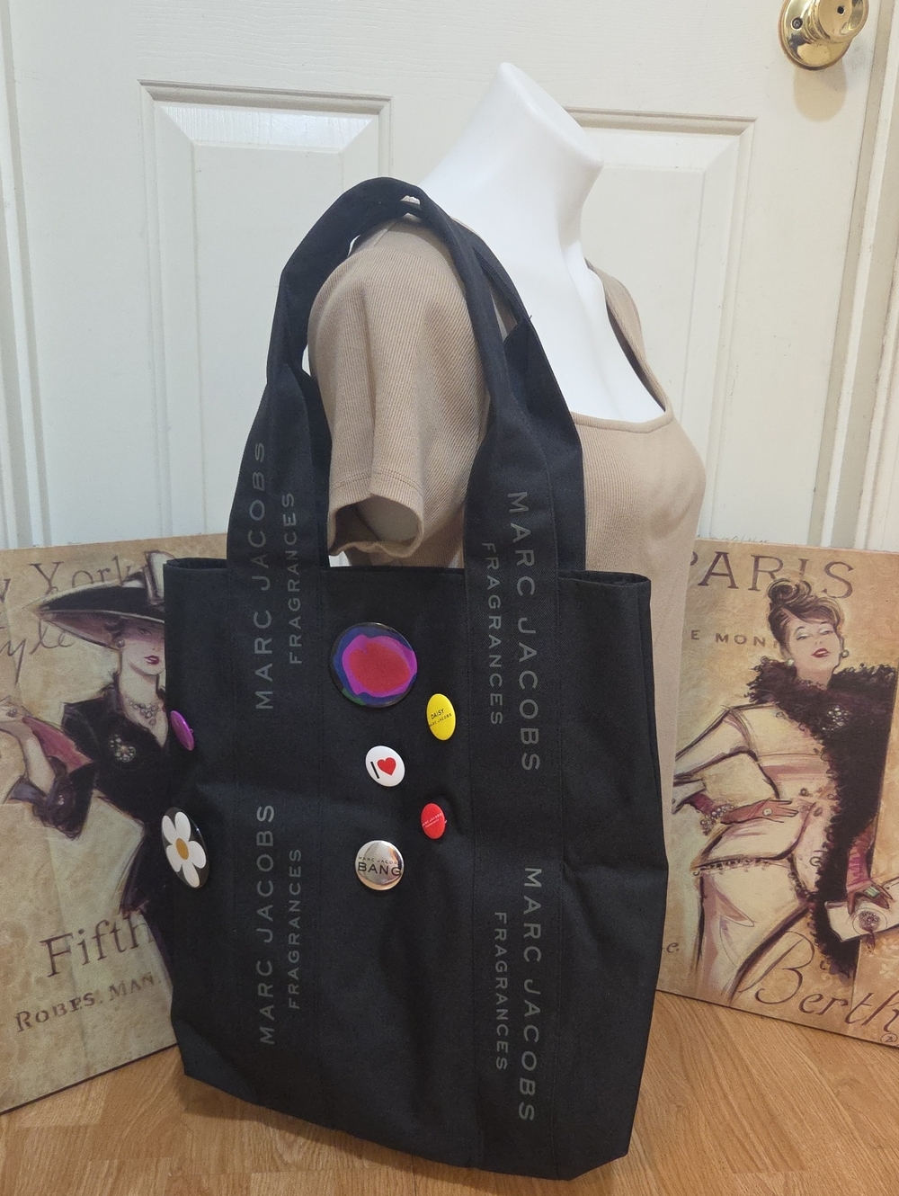 Marc Jacobs Fragrances Black Logo Tote Bag with Decorative Pins